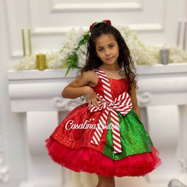 Noelle dress. Shiny sequin fabric green red Christmas baby girl dress. White red sugar cane patterned sash baby girl dress. Special.