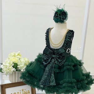 Amanda Dress emerald, Knee length emerald green baby girl dress with fluffy pearl detail. Fluffy toddler flower girl dress with ruffles