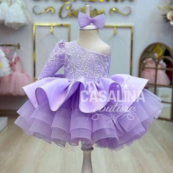 One sleeve toddler dress. Lilac knee length dress for baby girl, Lavender flower girl dress, Lilac Purple Easter Dress glitter Malinda Dress