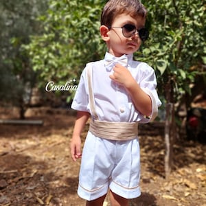 Alex Suit Short White Gold. Baby boy tuxedo, baby boy suit, baby boy dress, baby boy birthday dress, baby boy wedding , dress with bow tie