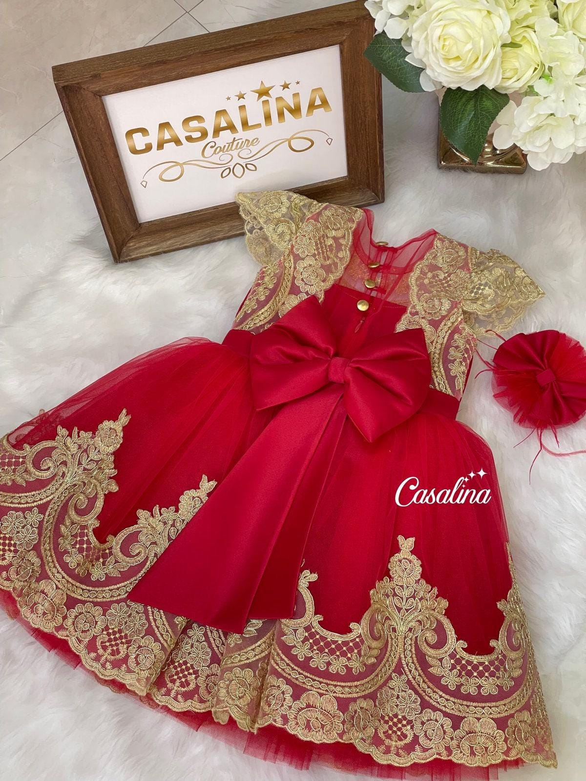 red and gold infant dress Baby Girl Dress Toddler Girl Clothes Lace Christening Gown Princess In main image 1