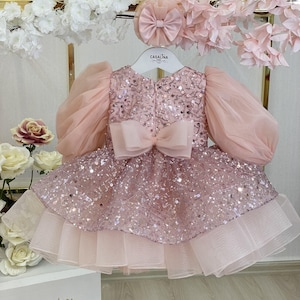 Blush Sequin Baby Dress: Handmade Tutu Flower Girl Dress, Bow Detail