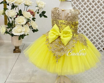 Candice Dress yellow, Fluffy tulle baby girl dress, Yellow baby dress with gold lace Yellow toddler dress for baby girl Yellow sparkly dress