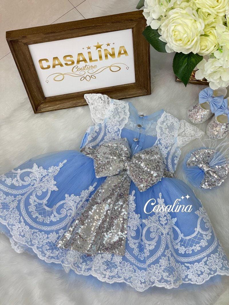 Melody Dress blue silver, Blue silver sequined baby girl dress with white lace, blue silver flower girl dress, toddler dress, puffy dress