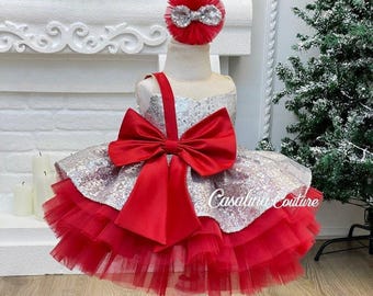 Paquete de regalo de vestido navideño, vestido de bebé rojo plateado, vestido de niña navideño rojo plateado, vestido de bebé rojo con lentejuelas y lazo grande, regalo de Navidad