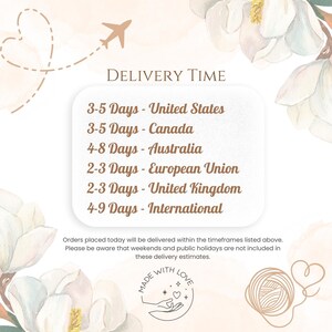 The image is a delivery time table with a floral background, listing the delivery times for orders placed in the United States, Canada, Australia, Europe, United Kingdom, and International.