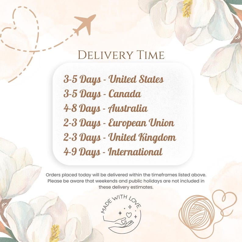 The image is a delivery time table with a floral background, listing the delivery times for orders placed in the United States, Canada, Australia, Europe, United Kingdom, and International.