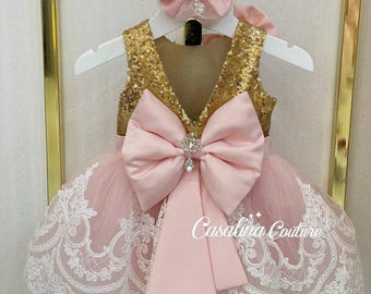 Maya dress gold blush, Gold blush sequined flower girl dress, glittery baby girl dress 1st birthday gold blush baby girl dress toddler dress