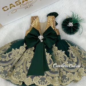 Maya Dress Gold Emerald. Gold Emerald Sequined Flower Girl Dress. Toddler Glittery Baby Girl Dress 1st Birthday Gold Emerald Baby Girl Dress