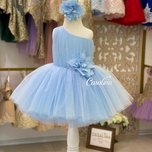 Alyssa dress blue, blue tulle puffy baby girl dress, one sleeve blue birthday party dress, blue toddler dress, cotton lining baby girl dress