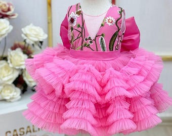 Pink Tulle Baby Girl Dress: Floral V-Neck, Handmade