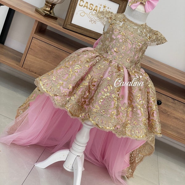 High low dress for girls. Long tail Pink princess dress, Gold lace princess dress.