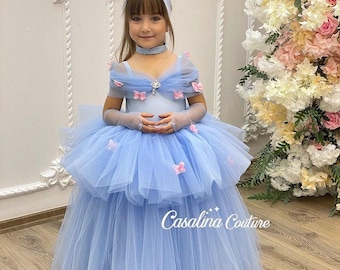 Cinderella princess dress. Baby girl Cinderella princess dress with fluffy layered floral appliques, Cinderella costume birthday and toddler