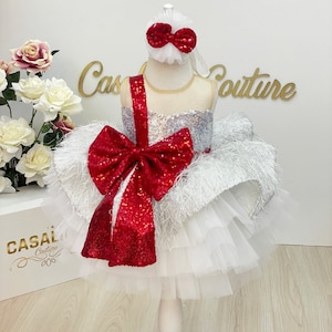 Christmas gift package Custom dress, Silver Red baby dress, Christmas baby girl dress, Big bow sequined Christmas baby dress, Christmas gift