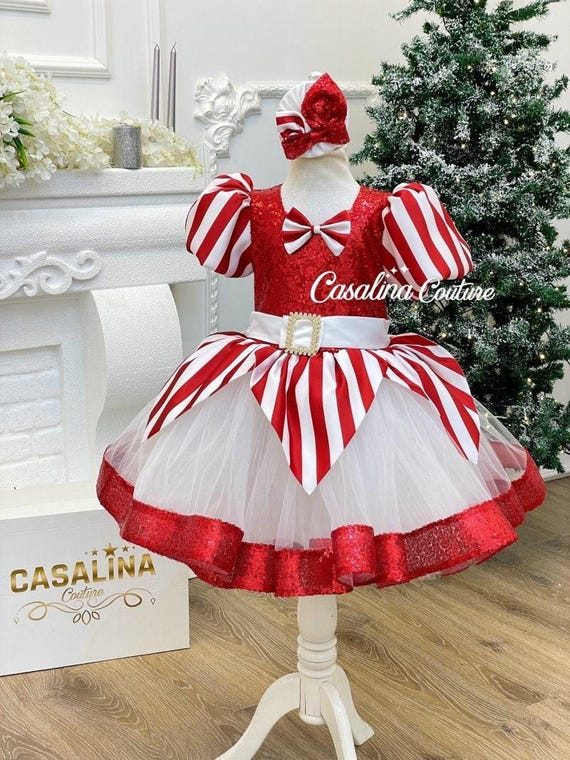 Sugar Cane Dress. Puffy Tiered Red and White Print Knee Length Christmas Baby Girl Dress. Special Luxury Baby Girl Dress for Christmas.