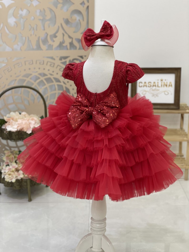 Princess Puffy Knee Length Satin Dress with Bowknot and Sequins in Pink