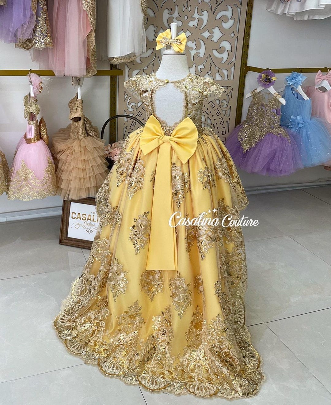Janessa Dress Yellow. Long Tail Yellow Princess Dress, Gold Lace Princess Dress, Gold Lace Baby Girl Dress for Special Occasions