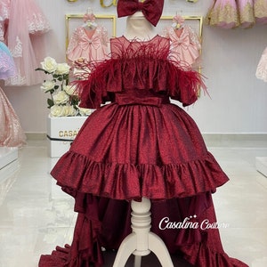Taylor dress burgundy. Flower girl dress burgundy feather detail dress, burgundy toddler dress , birthday party dress for special occasions