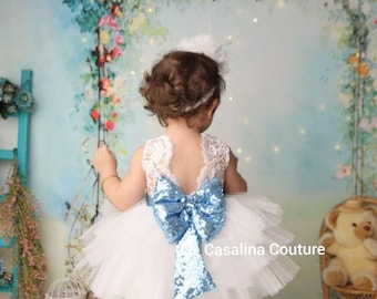 Handmade White Tulle Birthday Tutu Dress: Blue Bow, Lace (Hair band included)
