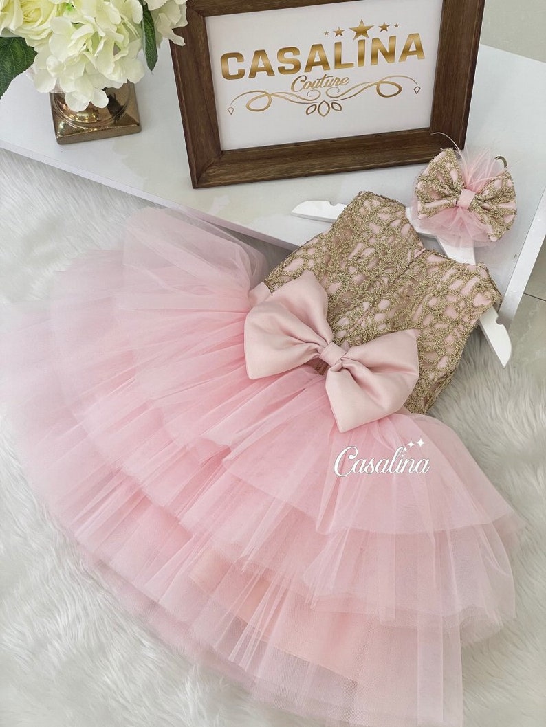 Nora Dress. Pink Gold Flower Girl Dress. Pink Puffy Knee Etsy
