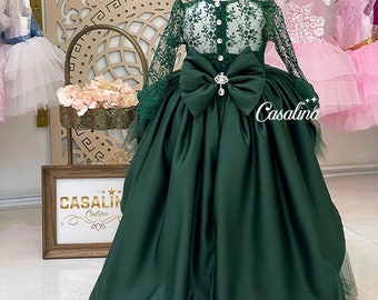 Naomi dress emerald, Emerald green baby girl dress, Emerald green princess dress with long tail, Lace detailed long tail dress baby girl