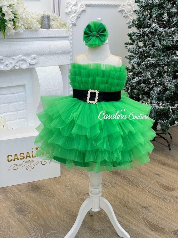 Green Tulle Baby Girl Dress: Jewel Embroidered Christmas Dress