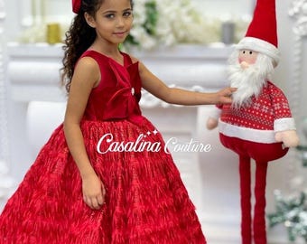 Red Sequin Christmas Dress: Jeweled Flower Bow, Handmade Baby Girl Gown