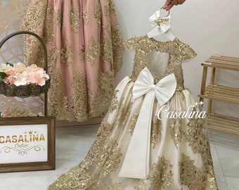 Janessa Dress White-Gold. Long tail White princess dress, Gold lace princess dress, Gold lace baby girl dress for special occasions