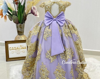 Janessa Dress Lavender-gold. Long tail Lavender princess dress, Gold lace princess dress, Gold lace baby girl dress for special occasions