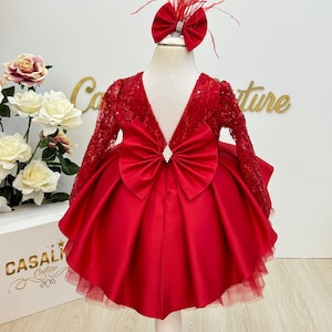 Cassandra dress Shiny red, Red baby girl dress, Red toddler dress, 1&#39;st birthday baby girl dress, Red baby girl outfit, Red bow girl dress