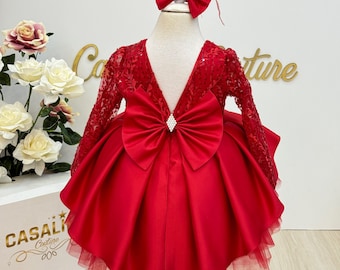 Cassandra dress Shiny red, Red baby girl dress, Red toddler dress, 1&#39;st birthday baby girl dress, Red baby girl outfit, Red bow girl dress