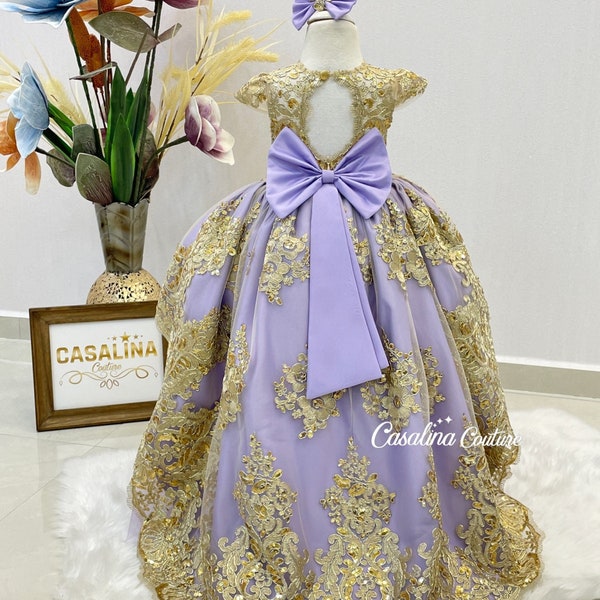 Janessa Dress Lavender-gold. Long tail Lavender princess dress, Gold lace princess dress, Gold lace baby girl dress for special occasions