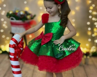 Kerstjurk, jurk babymeisje voor kerst, groen-rode kerstjurk, glitterstof rode strik meisjesjurk, kerst bloemenmeisjesjurk