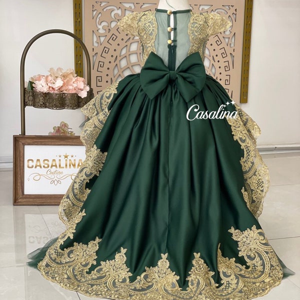 Emerald green princess dress with long tail, Emerald princess dress with gold lace, Tiffany Dress