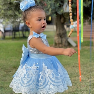 Maya dress silver blue. Baby girl dress for special occasions.