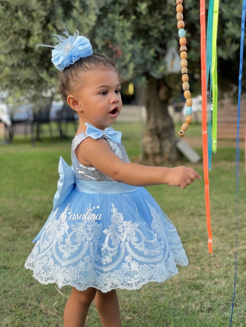 Maya dress silver blue. Baby girl dress for special occasions.