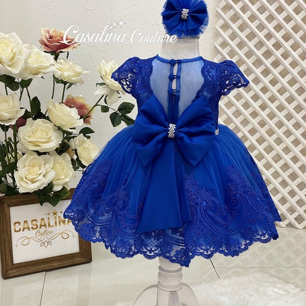 Matilda dress royal blue, Royal blue baby girl birthday party dress, blue flower girl dress, Big bow blue toddler dress, Luxury blue dress