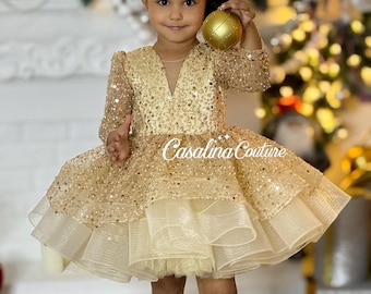 Gold Sequin Baby Girl Dress: Handmade Princess Outfit