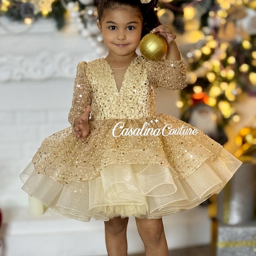 Gold Sequin Baby Girl Dress: Handmade Princess Outfit Gold Sequin Baby Girl Dress: Handmade Princess Outfit