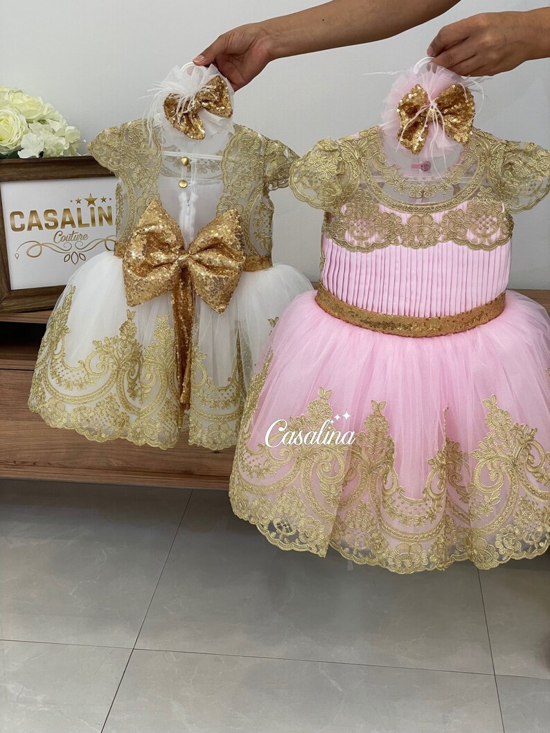Melody Dress Pink Gold Gold Lace Pink Baby Girl Dress Etsy
