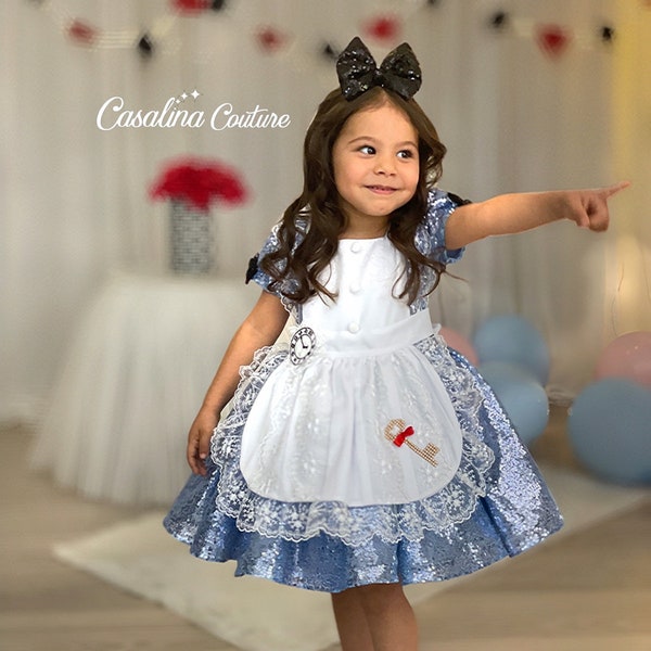 Alice-Kleid. Alice Baby-Mädchen Kleid, Alice Themen-Geburtstags-Mädchen Kleid, Alice im Wunderland Kleid, knielange bauschiges Kleid funkelnden Pailletten