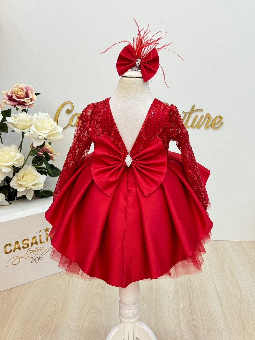 Cassandra dress Shiny red, Red baby girl dress, Red toddler dress, 1'st birthday baby girl dress, Red baby girl outfit, Red bow girl dress
