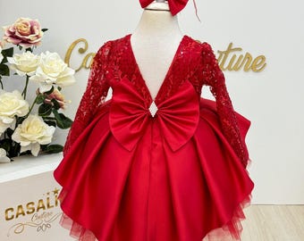 Cassandra dress Shiny red, Red baby girl dress, Red toddler dress, 1'st birthday baby girl dress, Red baby girl outfit, Red bow girl dress
