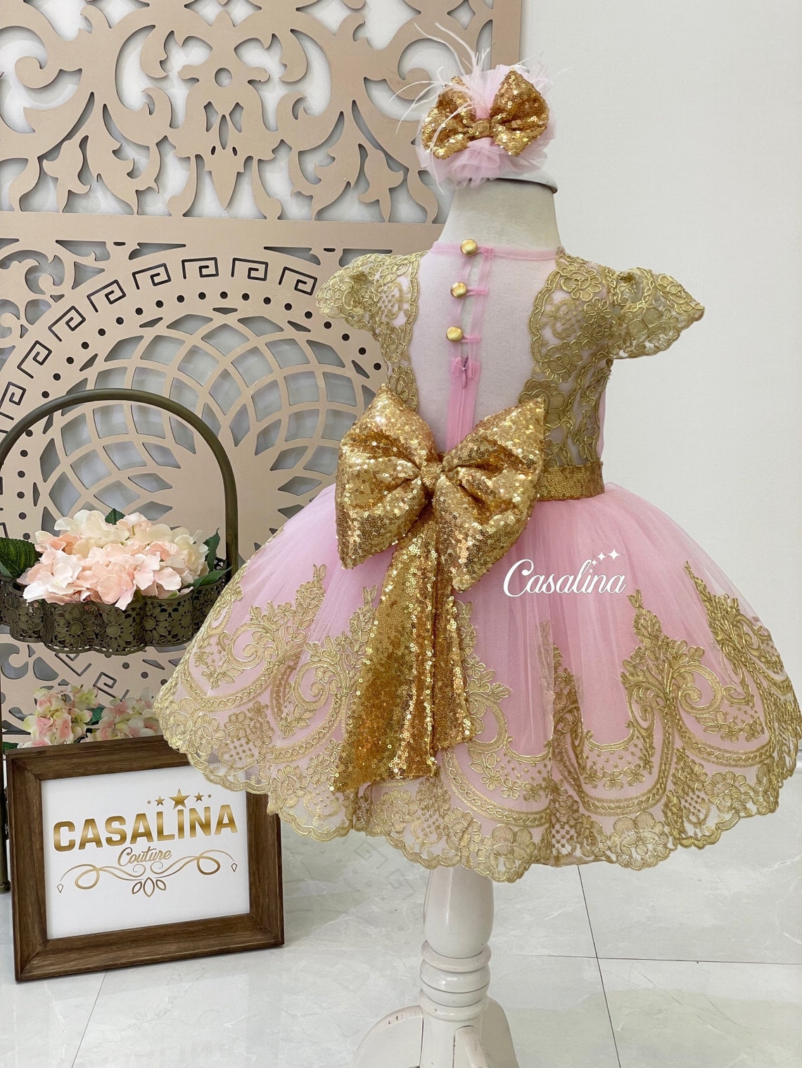 Melody Dress Pink Gold Gold Lace Pink Baby Girl Dress Etsy