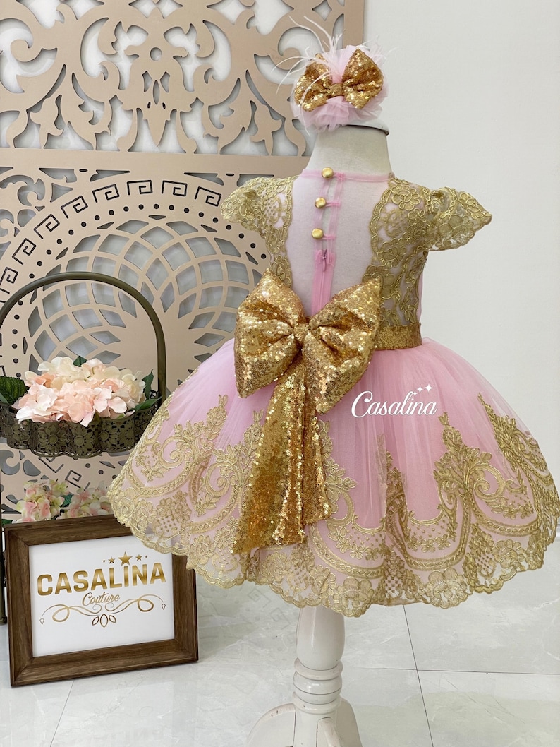 Melody Dress Pink Gold Gold Lace Pink Baby Girl Dress Etsy