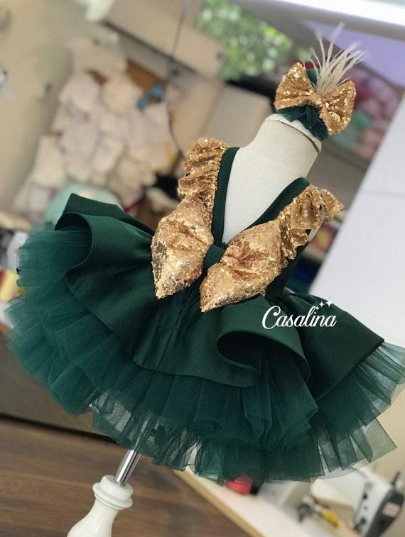 Esmeralda dress, Emerald green gold sequined baby girl dress, knee length puffy tulle baby girl dress, Birthday party baby girl dress.