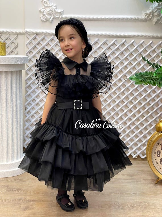 Mercoledì Addams Vestito Costume Travestimento Bambina Carnevale Con Parrucca