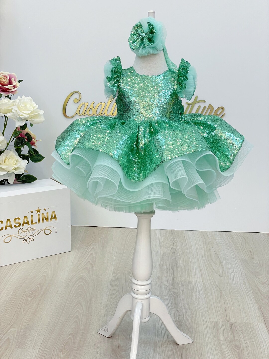 Cameron Dress Mint Green. Mint Green Fluffy Baby Girl Dress, Knee