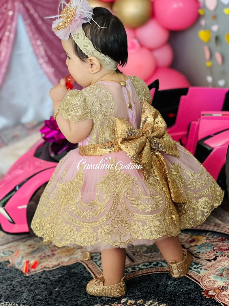 Melody Dress Pink Gold Gold Lace Pink Baby Girl Dress Etsy