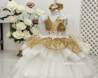 Baby Girl Dress. White Gold. Sparkle Gold Lace. for Special Occasion. High  Low. Couture Gown. - Etsy
